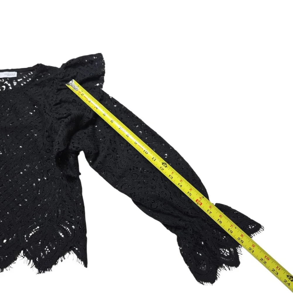 Zara Crop Top Women Medium Black‎ Sheer Open Knit Bell Sleeve Whimsigoth Ruffle